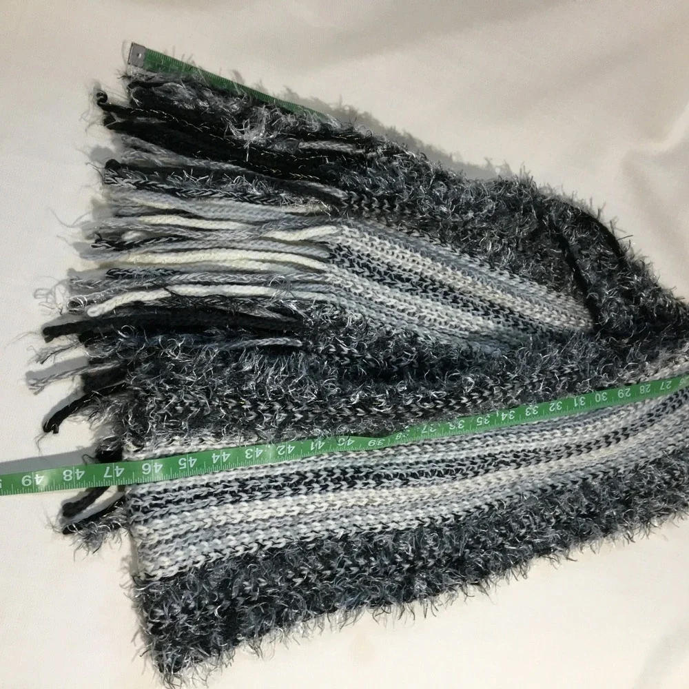 Striped Sparkle Fringe Scarf Gray White Black Knit‎ Chunky Soft Warm Womens